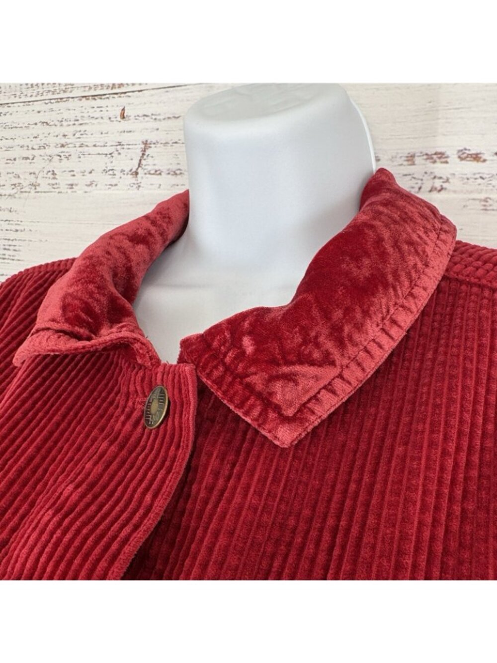 J.Jill Red Corduroy Velvet Trim Button Front Long Sleeve Jacket - Picture 3 of 14